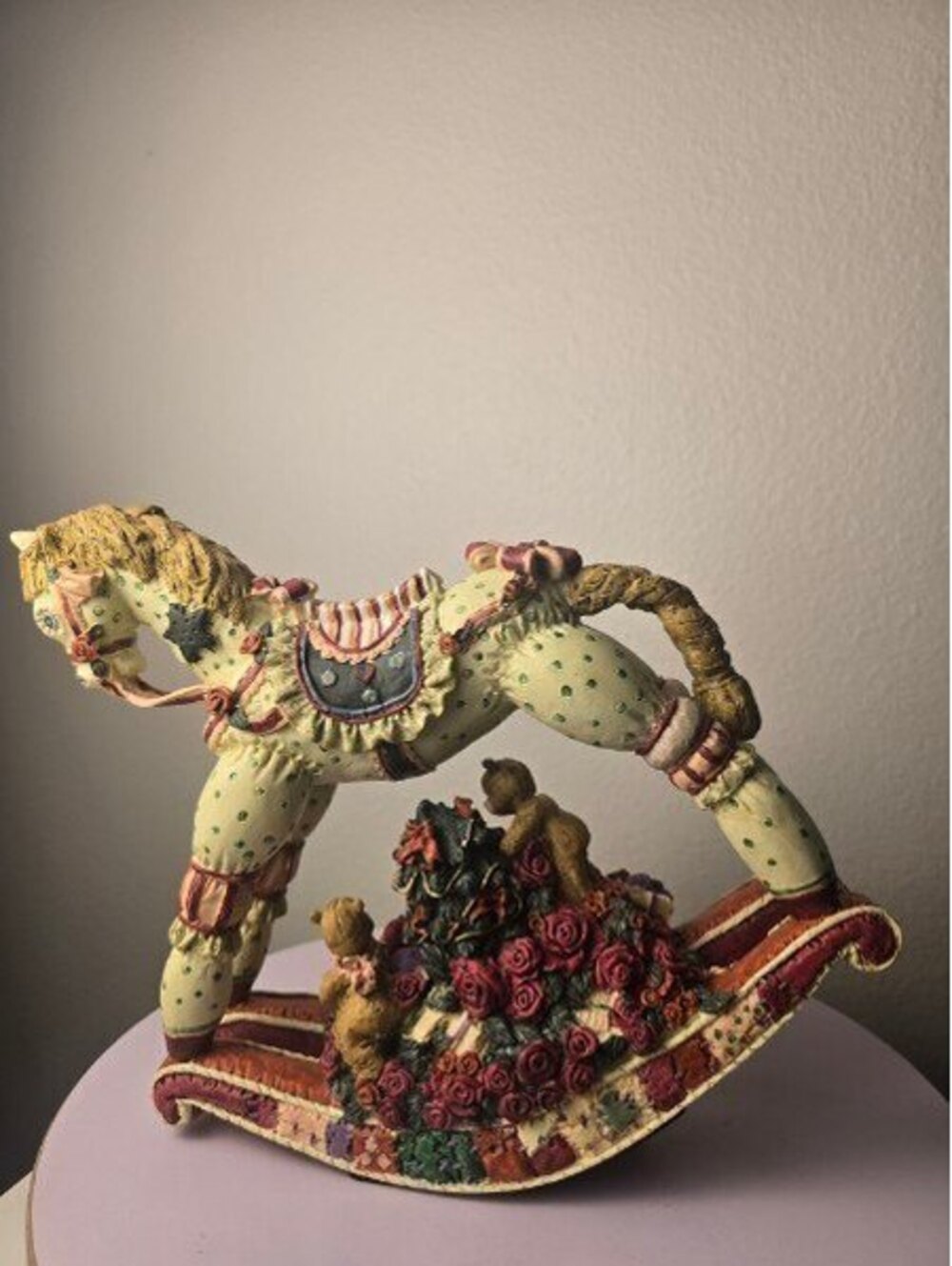 Vintage Decorative Rocking Horse Figurine with Teddy Bears and Roses